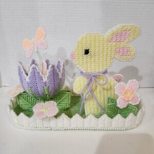 Vintage Needlepoint Plastic Canvas Easter Bunny w/Tulip and Butterfly